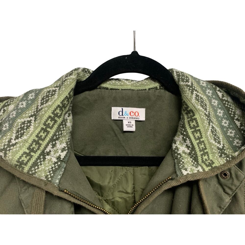 Denim & Co. Olive Green Hooded Utility Jacket XS-M | Drawstring Waist, Quilted - Picture 3 of 6